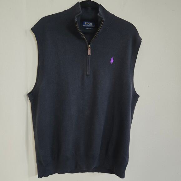 Polo Ralph Lauren Sweater Vest Size L Navy Blue Pima Cotton Purple Logo - Picture 1 of 13
